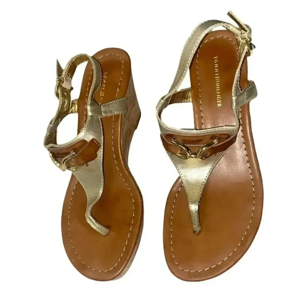 Tommy Hilfiger Wedge Sandals 8M Gold Cork Platform Thong‎ Slingback Buckle